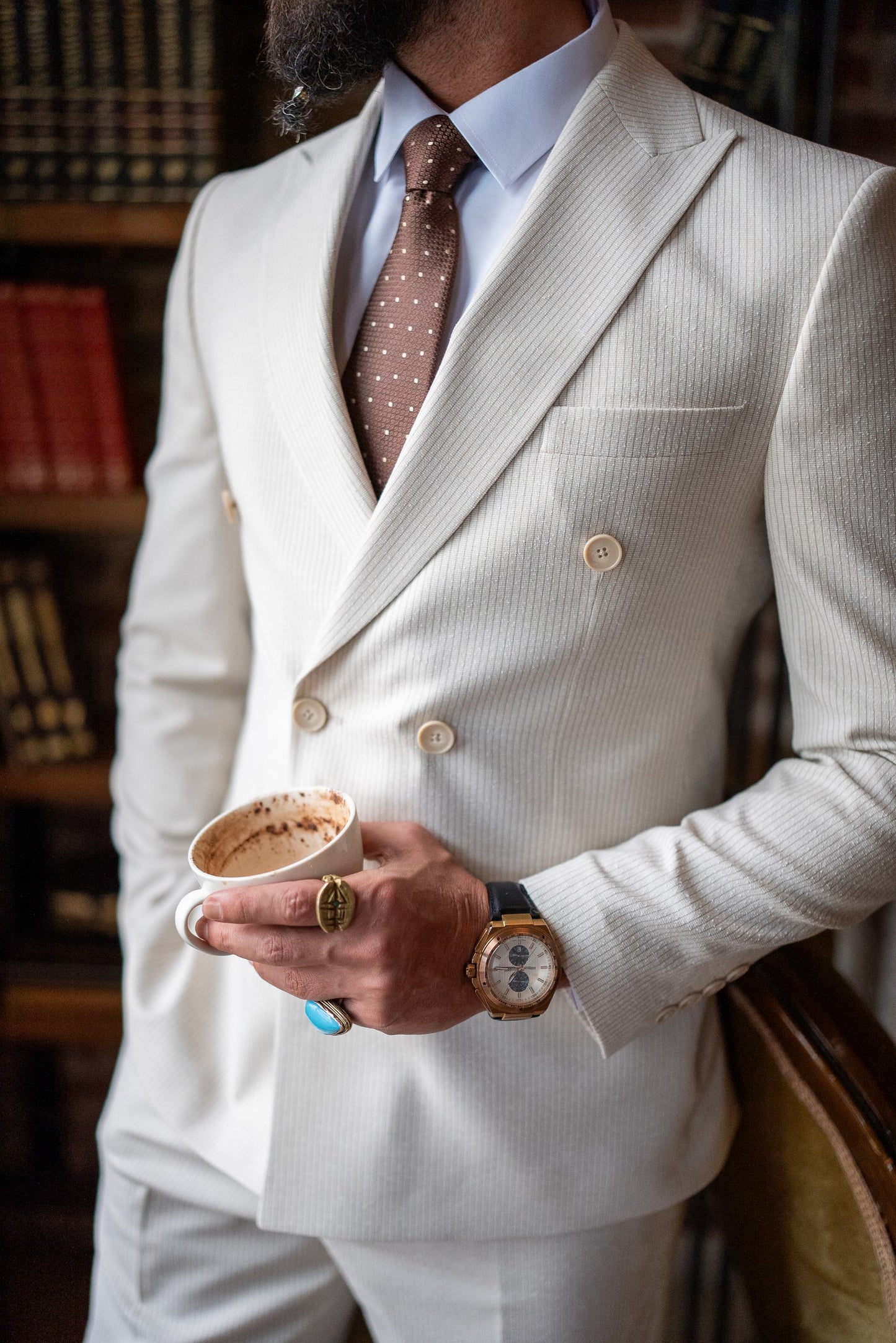 Men's Beige Double-Breasted Pinstripe Suit