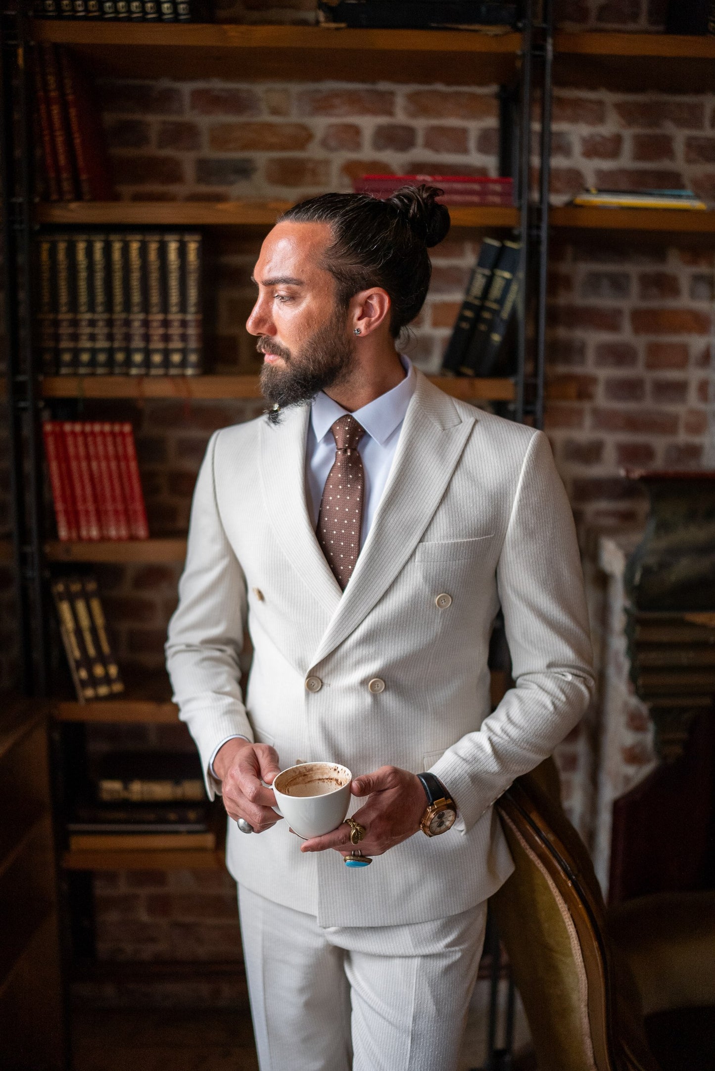 Men's Beige Double-Breasted Pinstripe Suit