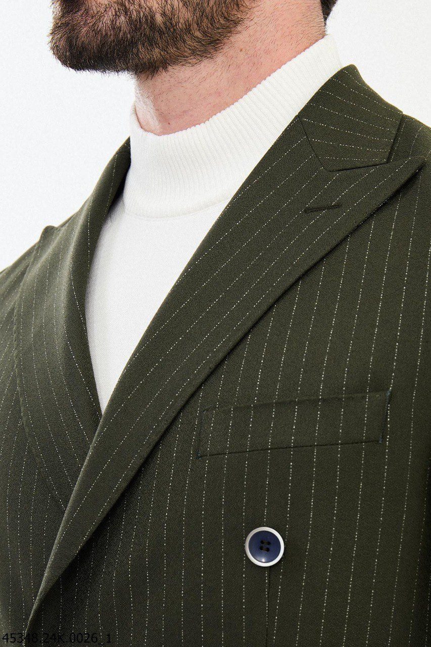 Olive Green Pinstripe Double-Breasted Suit