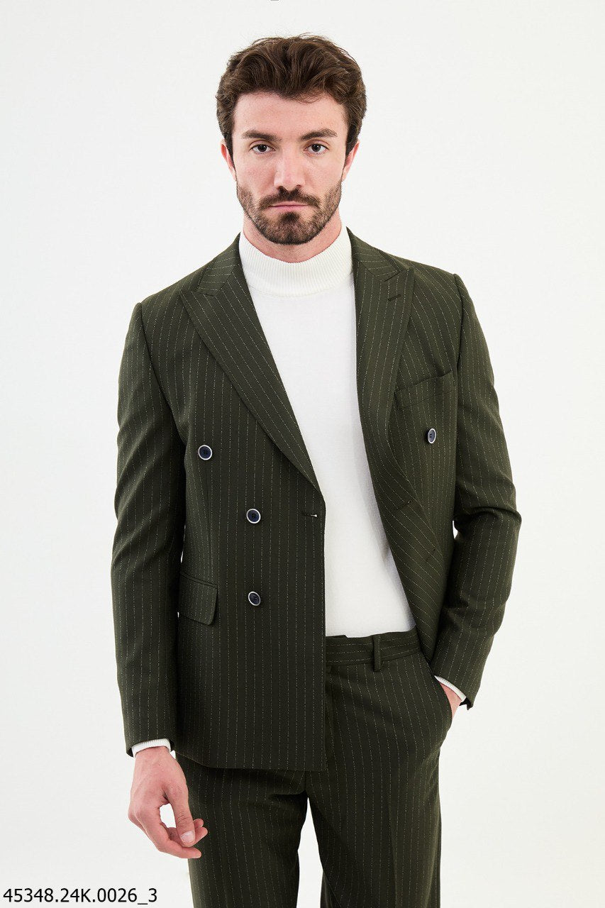 Olive Green Pinstripe Double-Breasted Suit