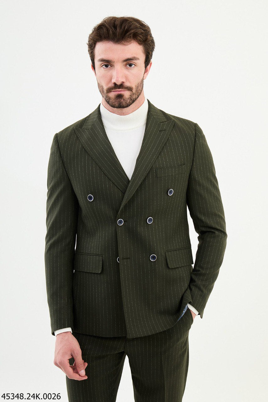 Olive Green Pinstripe Double-Breasted Suit