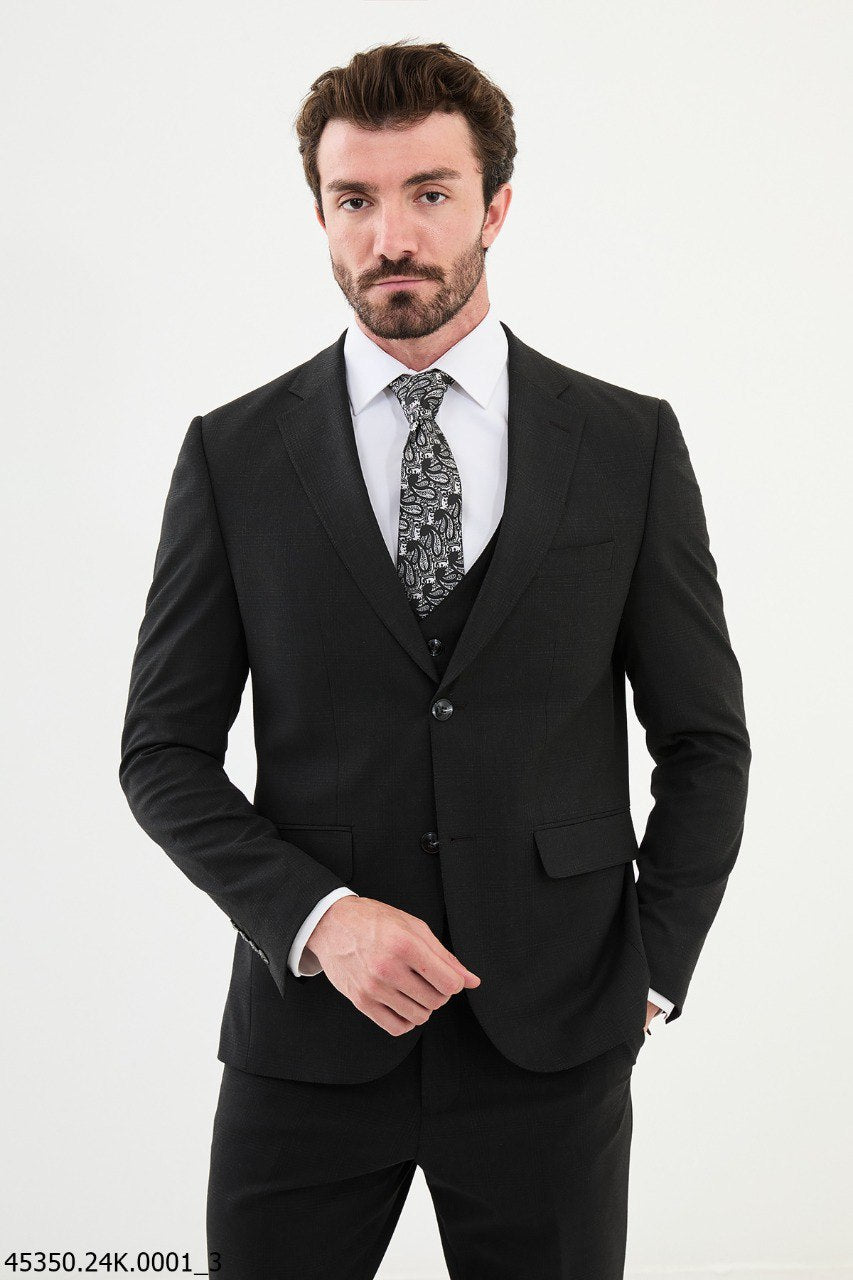 Black Three-Piece Suit with Paisley Accent Tie