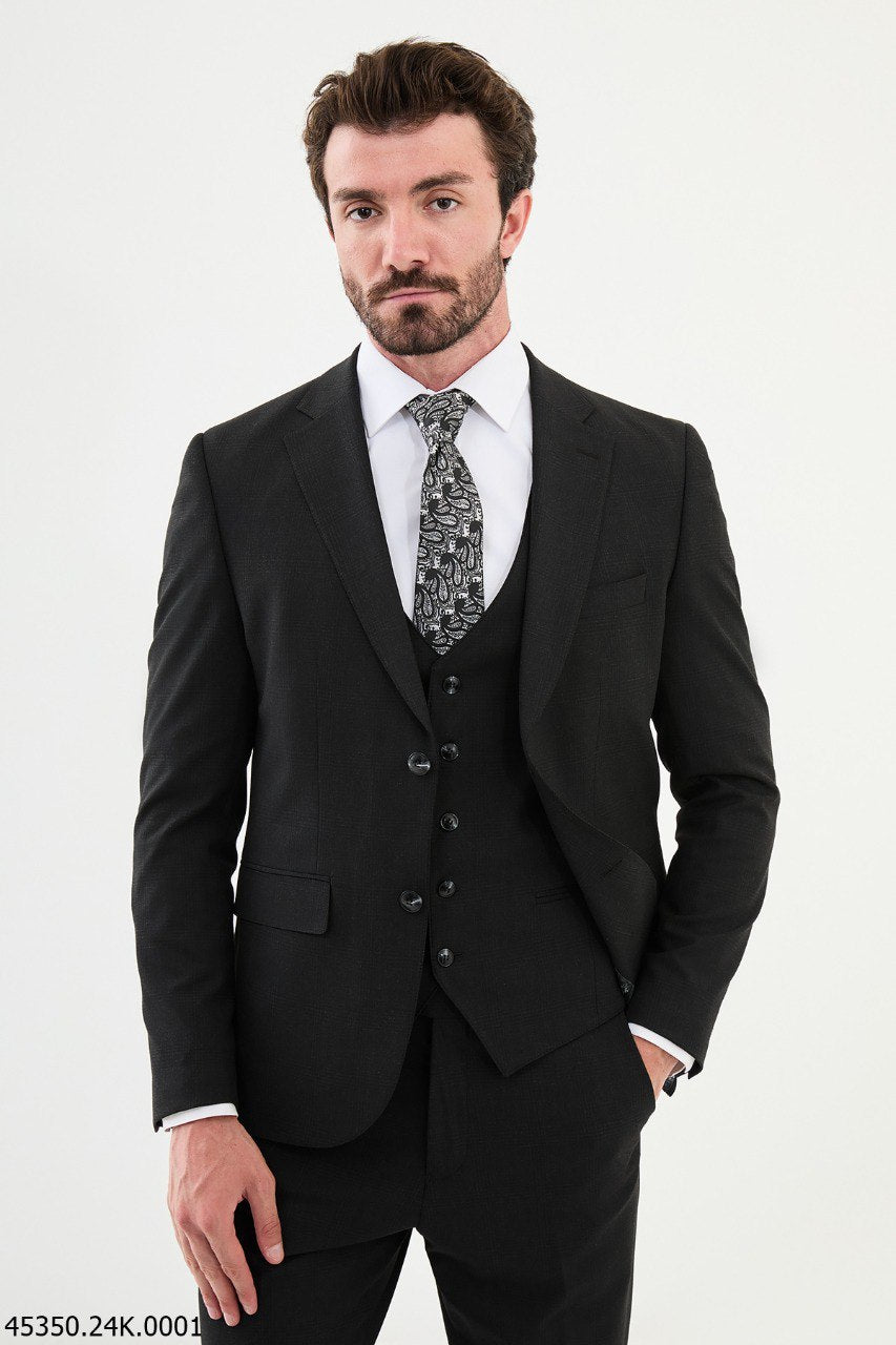 Black Three-Piece Suit with Paisley Accent Tie