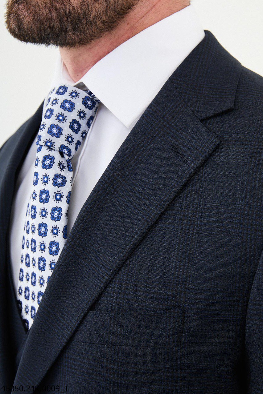 Navy Blue Checkered Three-Piece Suit