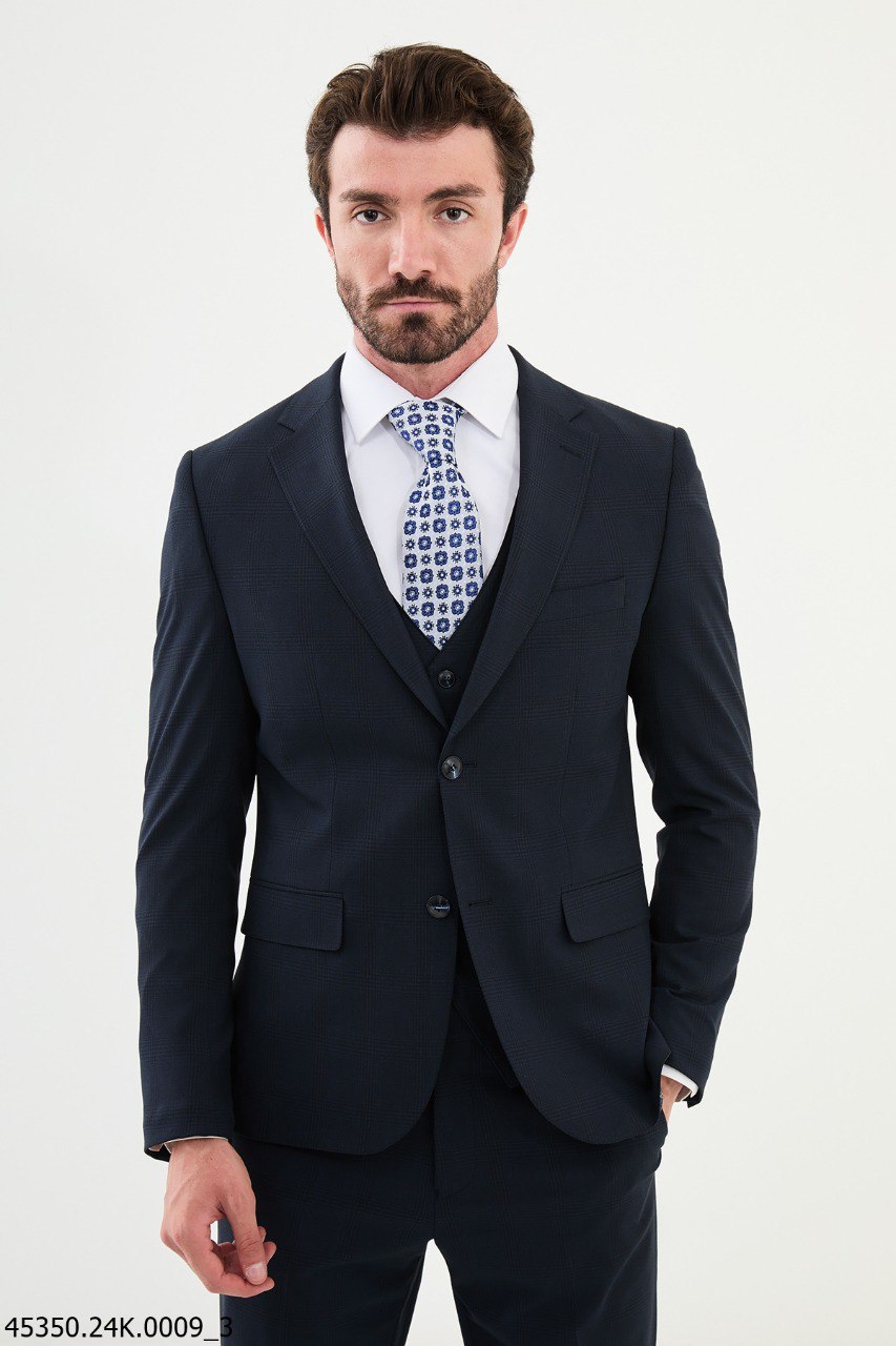 Navy Blue Checkered Three-Piece Suit