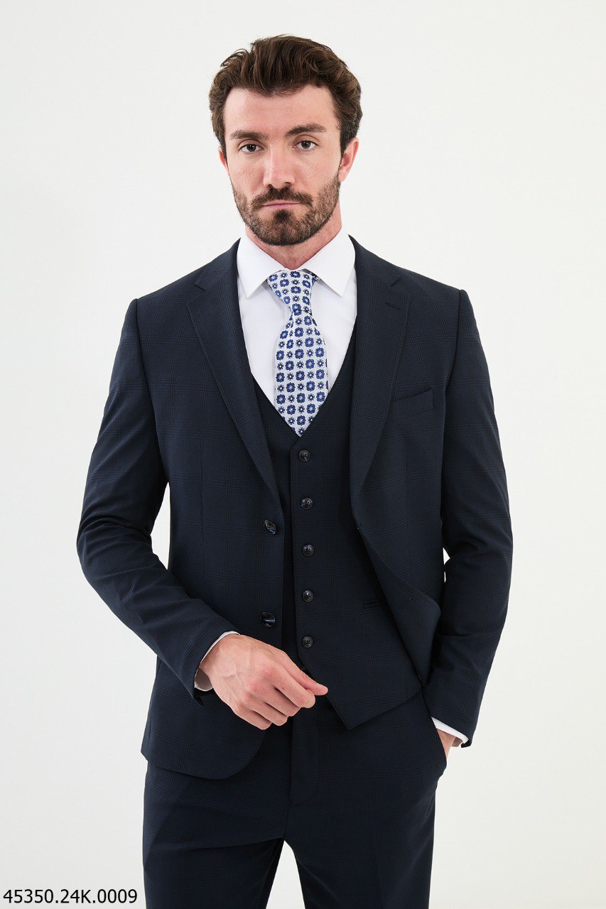 Navy Blue Checkered Three-Piece Suit