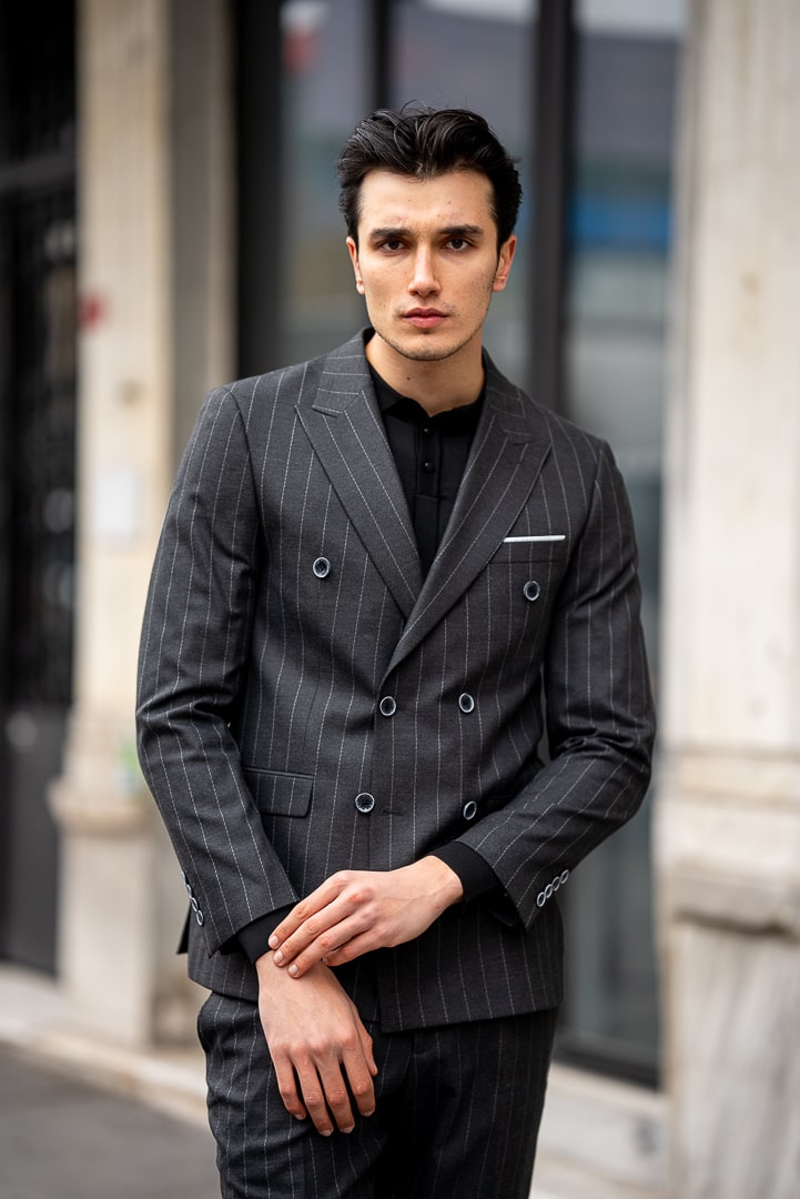 Men's Gray Pinstripe Double-Breasted Suit
