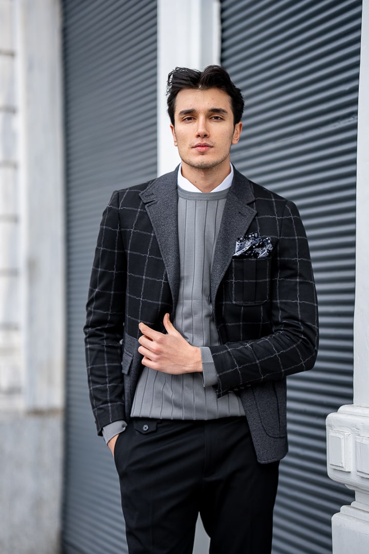 Men’s Black & Grey Checkered Wool Blend Blazer