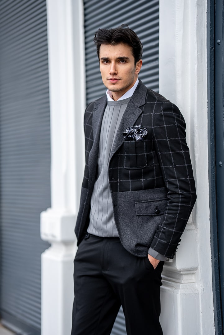 Men’s Black & Grey Checkered Wool Blend Blazer