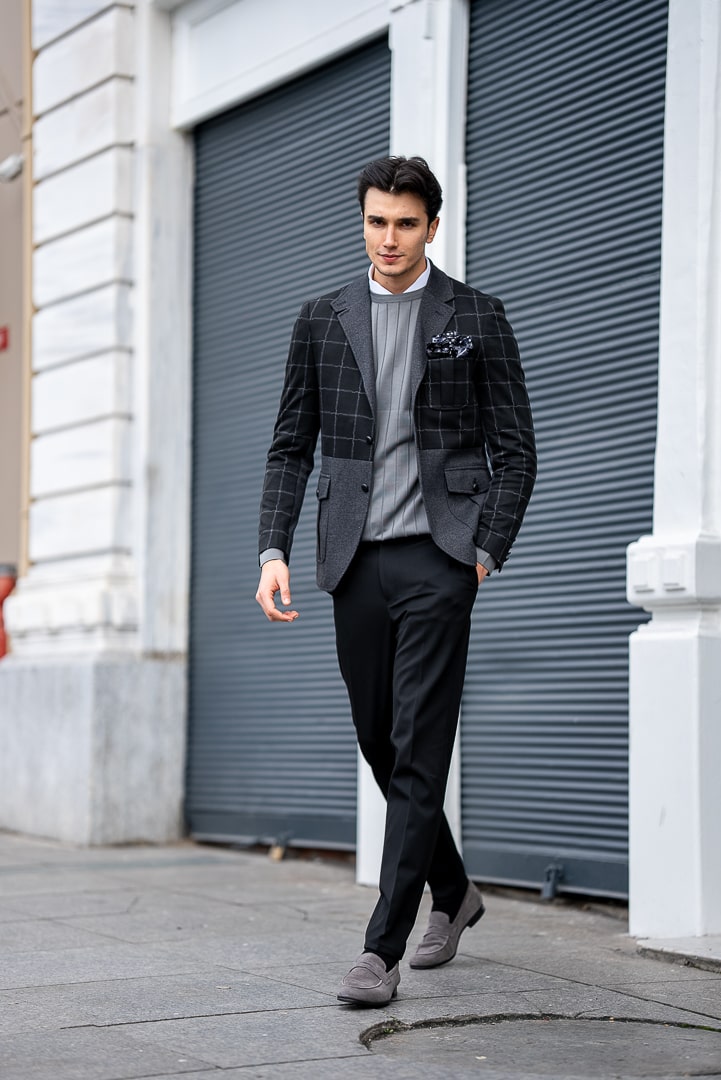 Men’s Black & Grey Checkered Wool Blend Blazer
