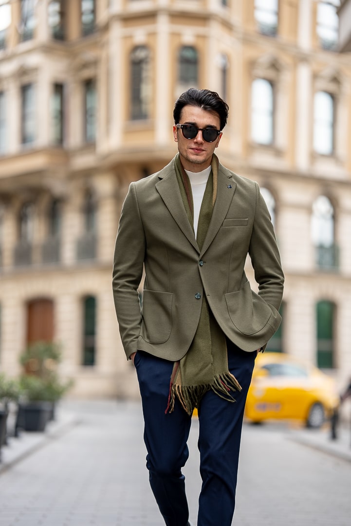 Men's Olive Green Cotton-Blend Blazer