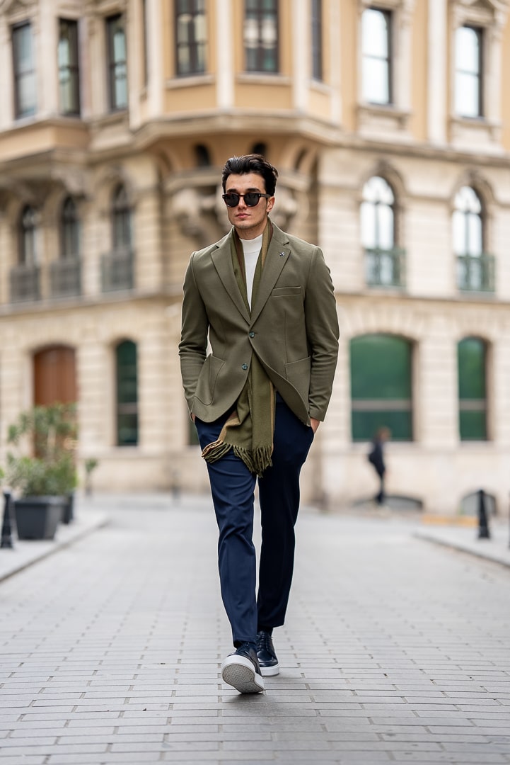 Men's Olive Green Cotton-Blend Blazer