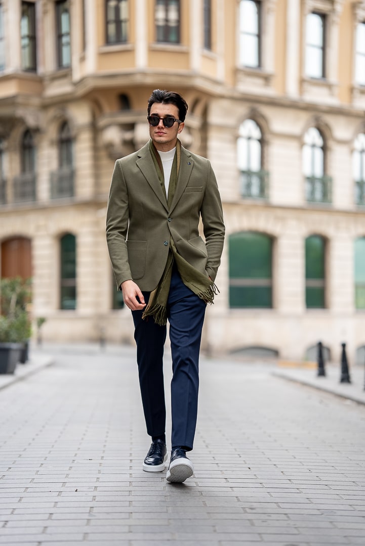 Men's Olive Green Cotton-Blend Blazer