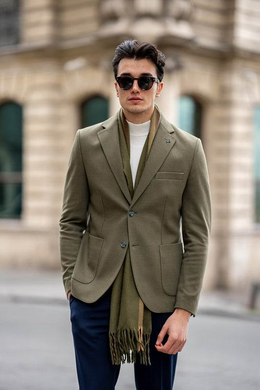 Men's Olive Green Cotton-Blend Blazer