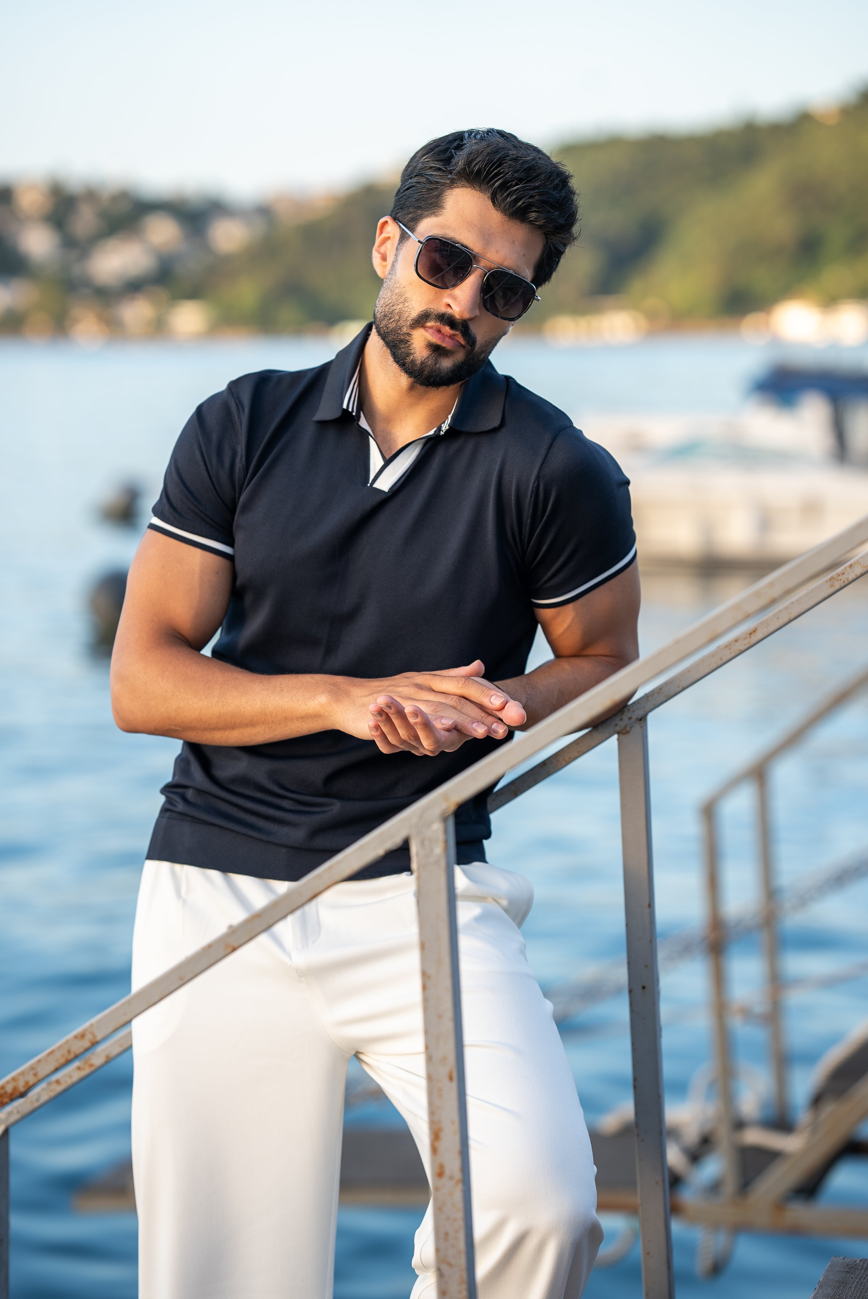 Men's Navy Blue Polo Collar T-Shirt