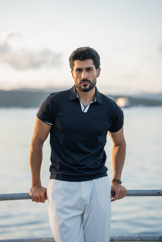 Men's Navy Blue Polo Collar T-Shirt