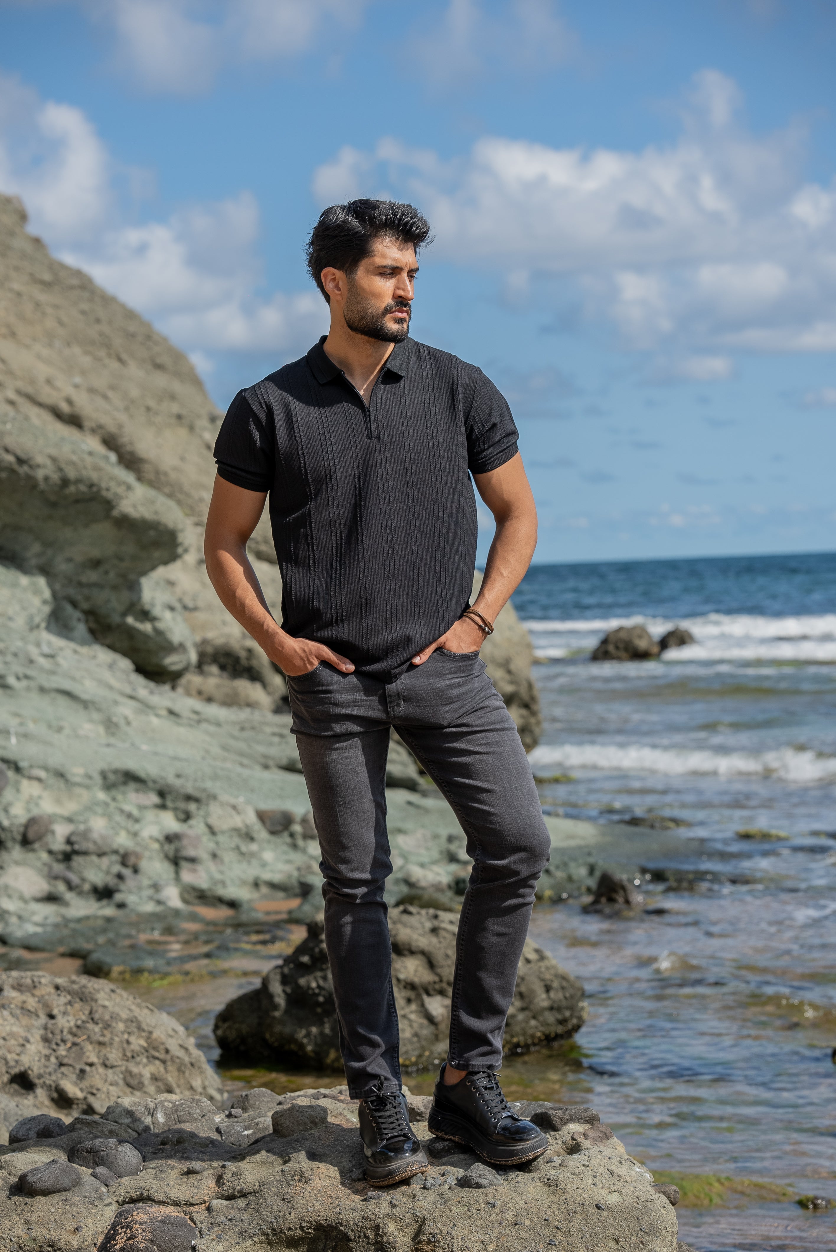 Men's Black Polo Knit T-shirt