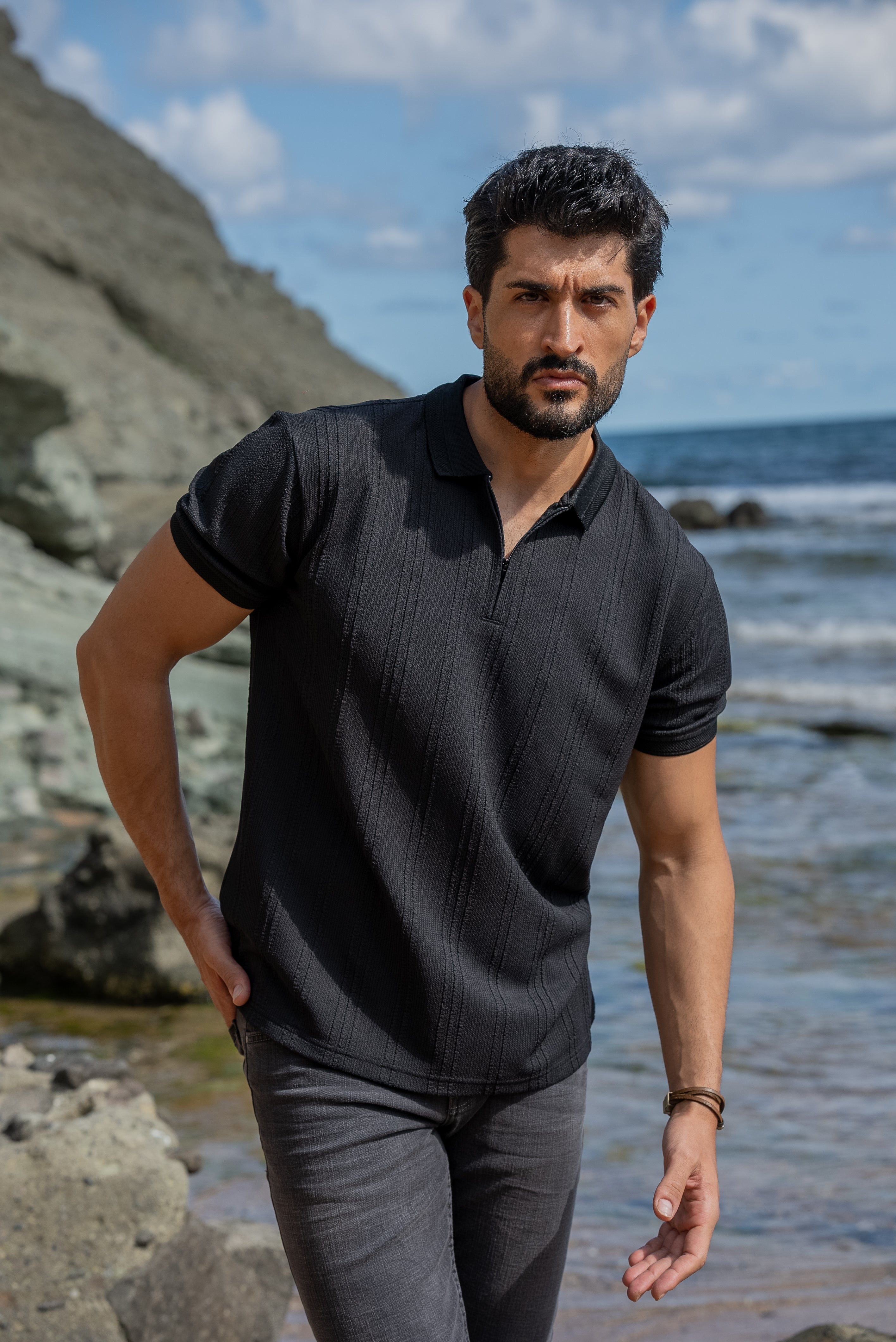 Men's Black Polo Knit T-shirt