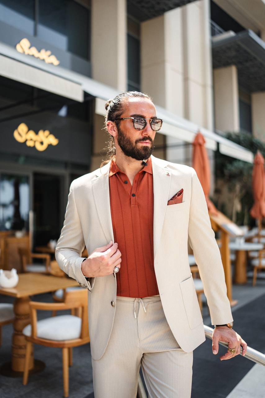 Men's Beige Pinstripe Men's Summer Suit