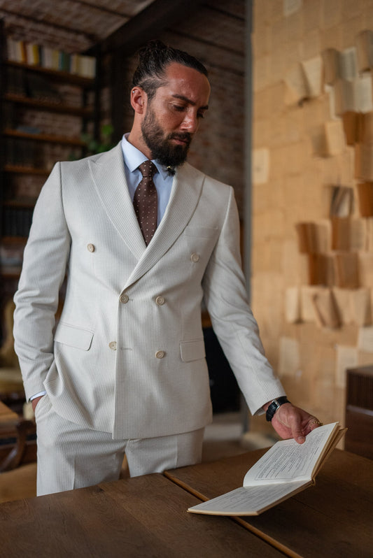 Men's Beige Double-Breasted Pinstripe Suit