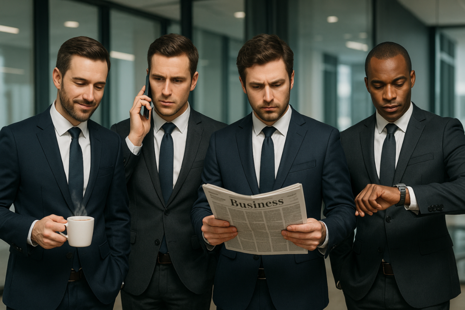 Four men in suits one holding cup of coffee another one on phone, gazette and another one on watch