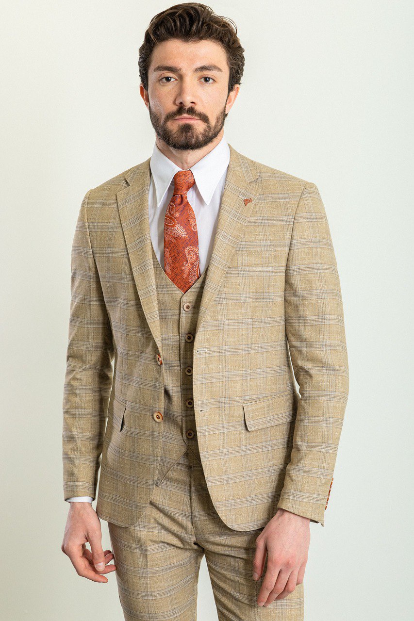 Men's Beige  Check 3-Piece Suit