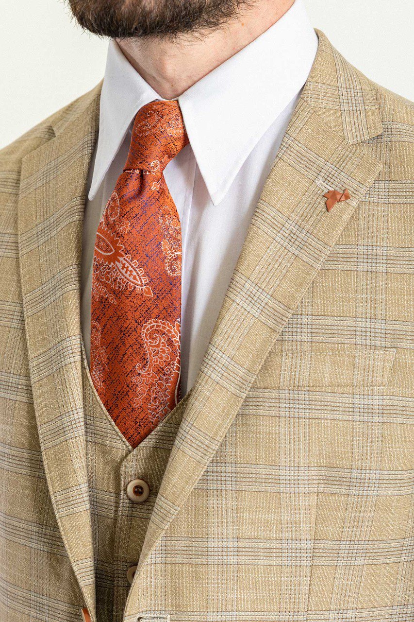 Men's Beige  Check 3-Piece Suit