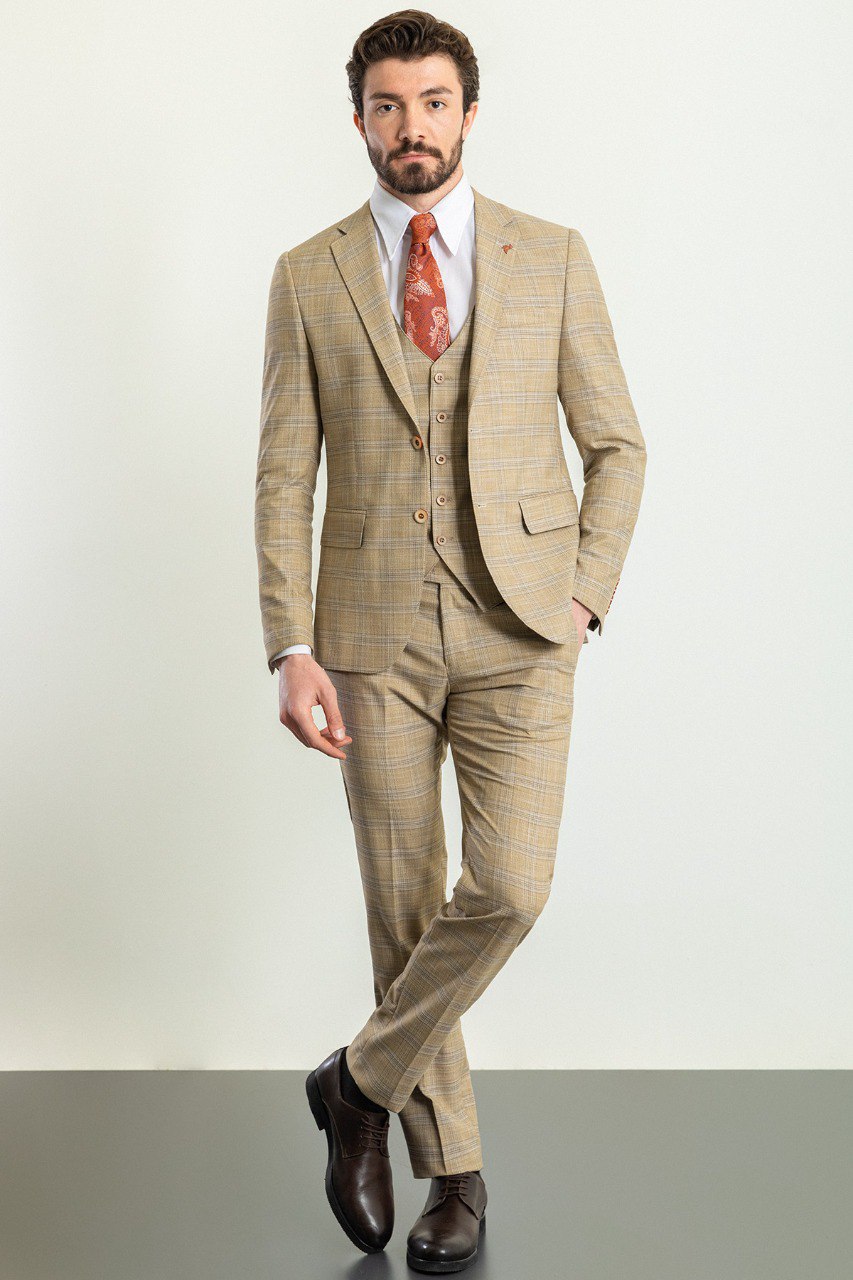 Men's Beige  Check 3-Piece Suit