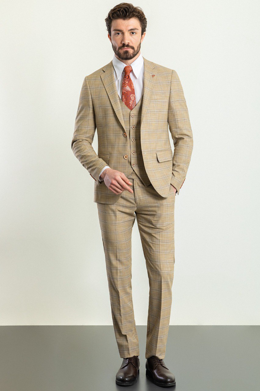 Men's Beige  Check 3-Piece Suit