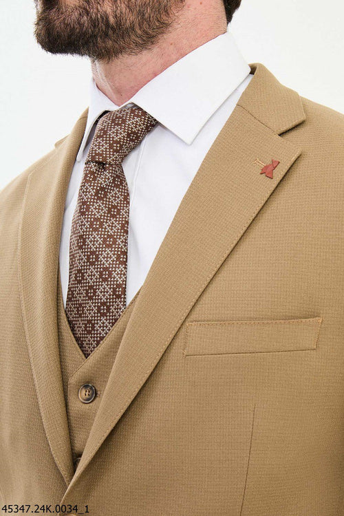 Beige Textured Men's Three-Piece Suit
