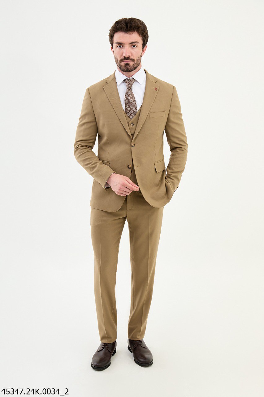 Beige Textured Men's Three-Piece Suit