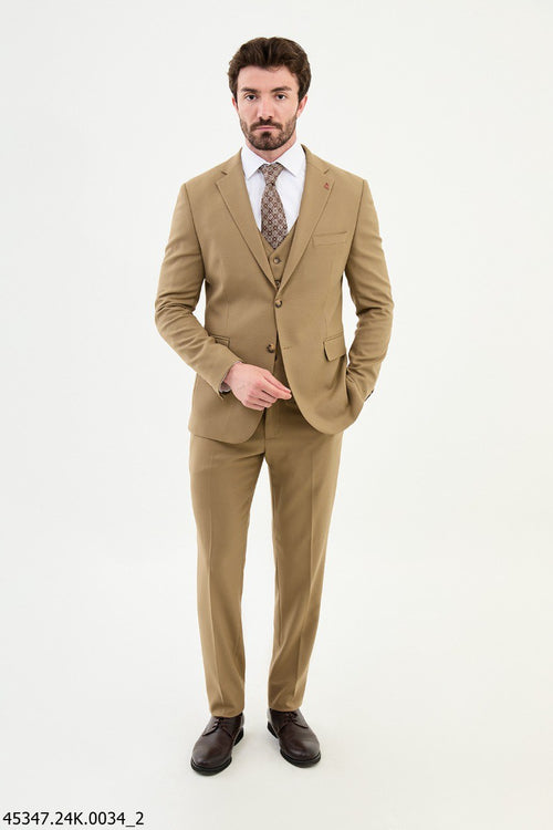 Beige Textured Men's Three-Piece Suit