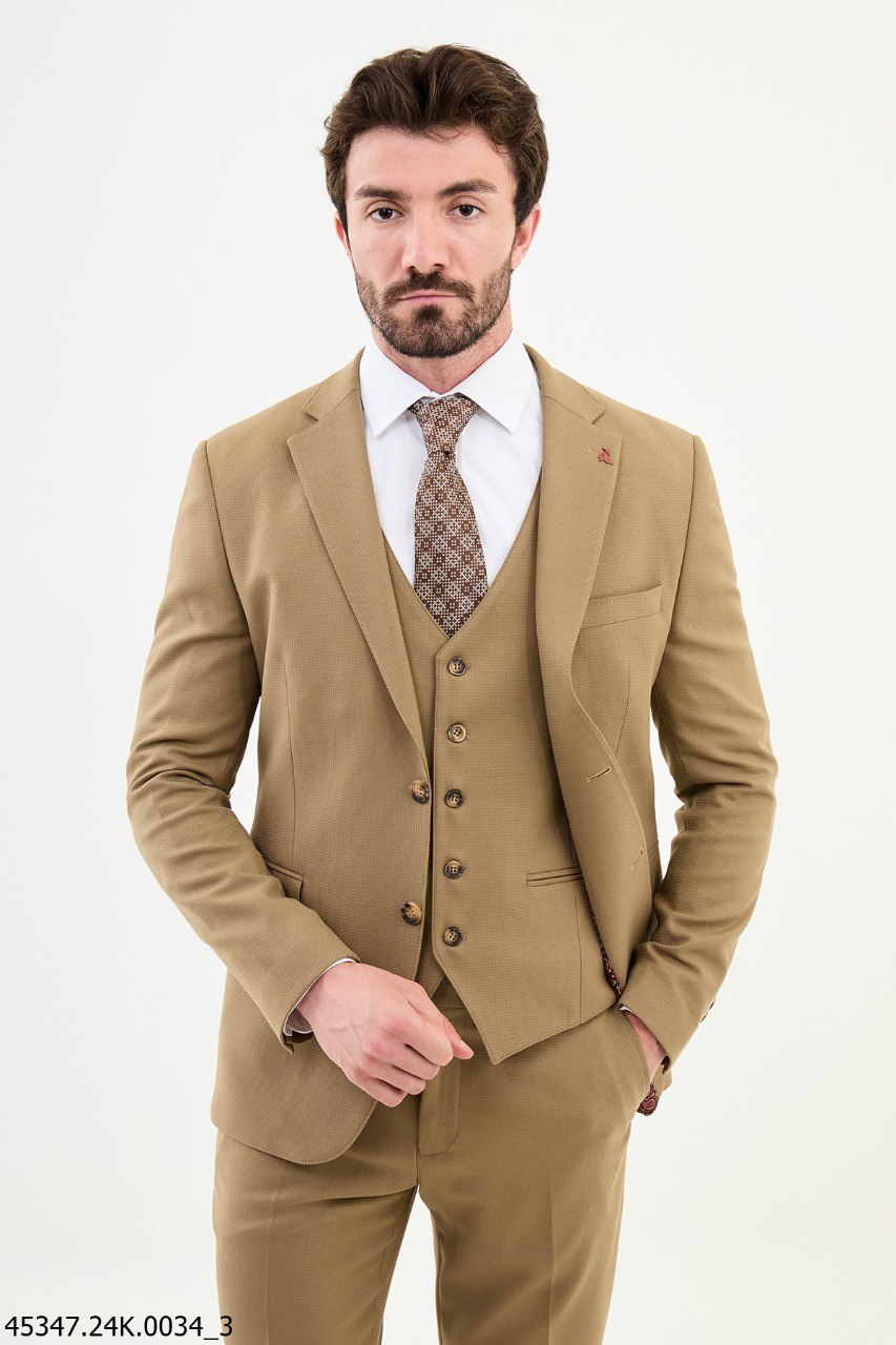 Beige Textured Men's Three-Piece Suit