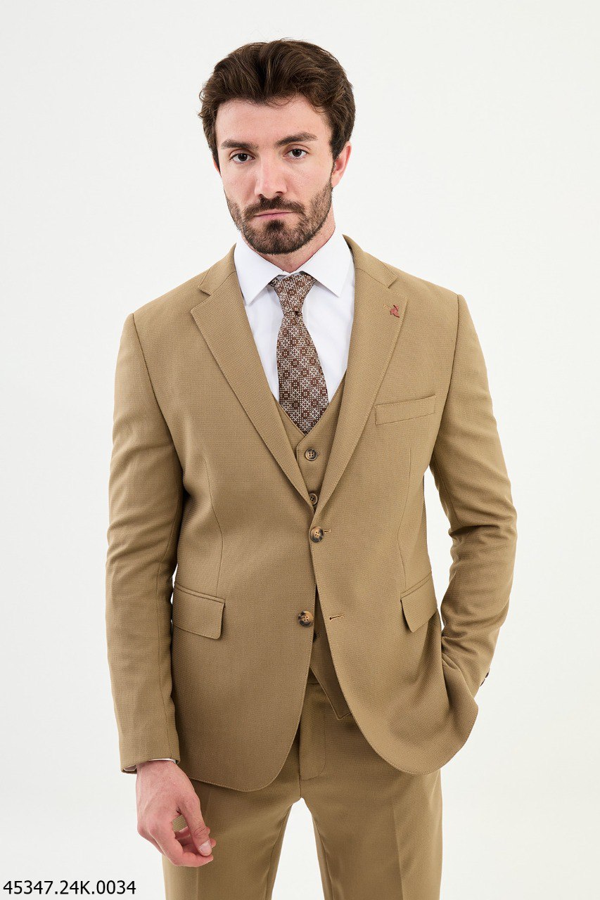 Beige Textured Men's Three-Piece Suit