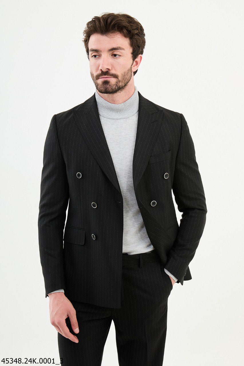 Black Pinstripe Double-Breasted Suit for Men