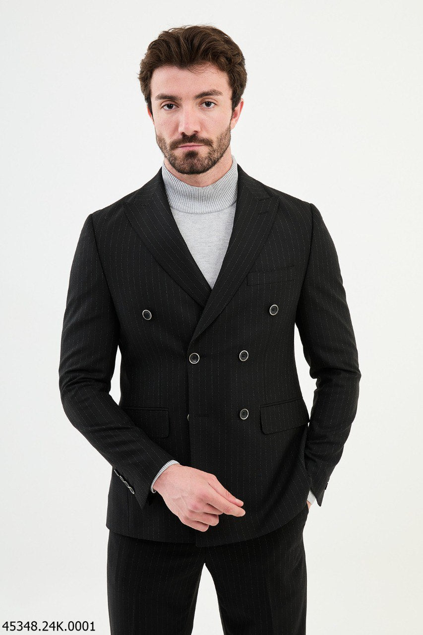 Black Pinstripe Double-Breasted Suit for Men