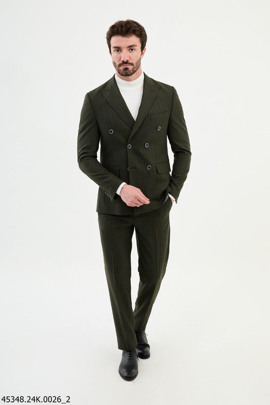 Olive Green Pinstripe Double-Breasted Suit