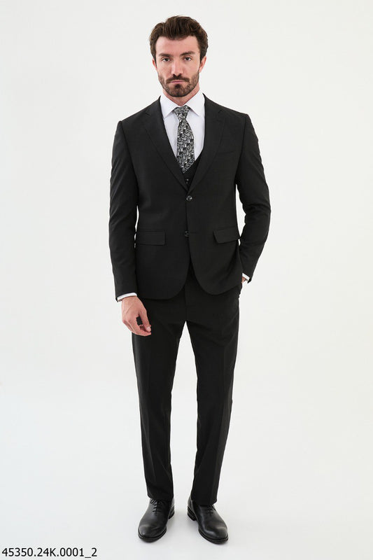 Black Three-Piece Suit with Paisley Accent Tie