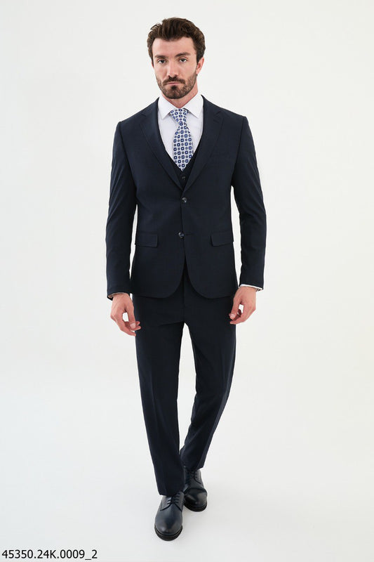 Navy Blue Checkered Three-Piece Suit