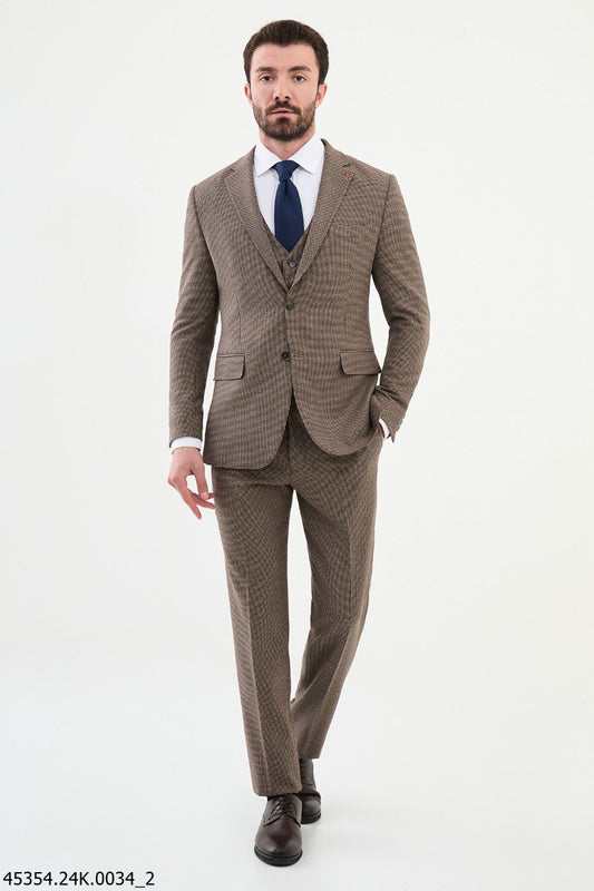 Men's Brown Textured 3-Piece Suit