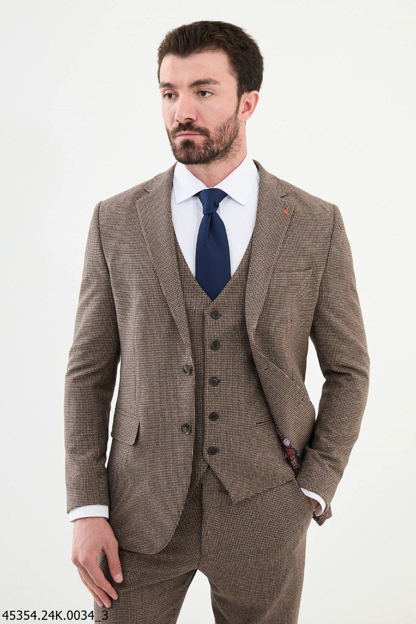 Men's Brown Textured 3-Piece Suit