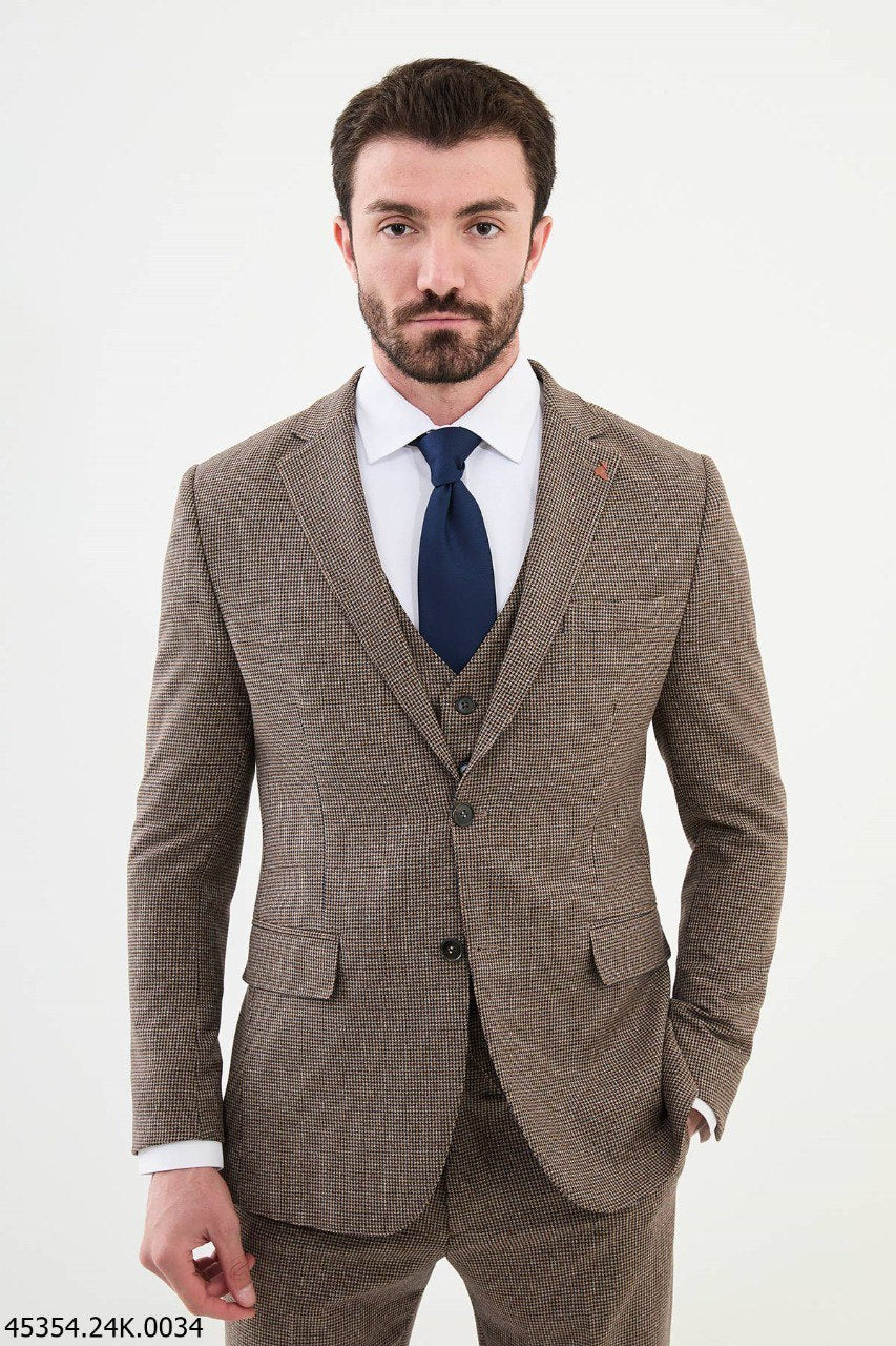 Men's Brown Textured 3-Piece Suit