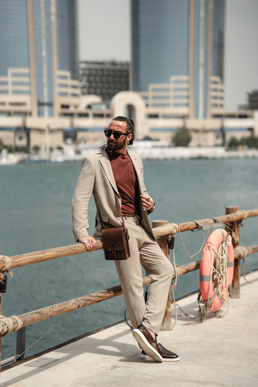 Men's Beige Textured Slim-Fit Suit