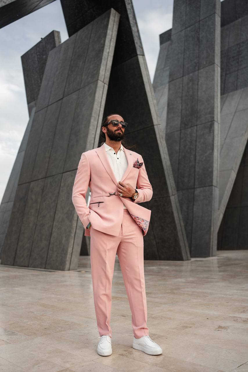 Men's Pink Slim-Fit Groom Suit